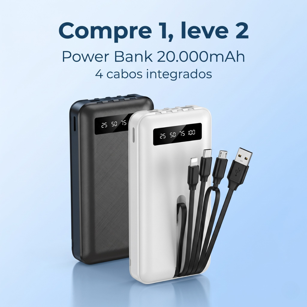 Power Bank 20.000mAh 4 Cabos – Compre 1 Leve 2